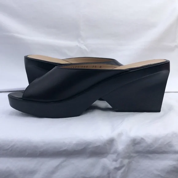 Ferragamo Wood & Leather Platform Peep Toe Slide/Mule w/3” Heel, Black - Picture 4 of 16